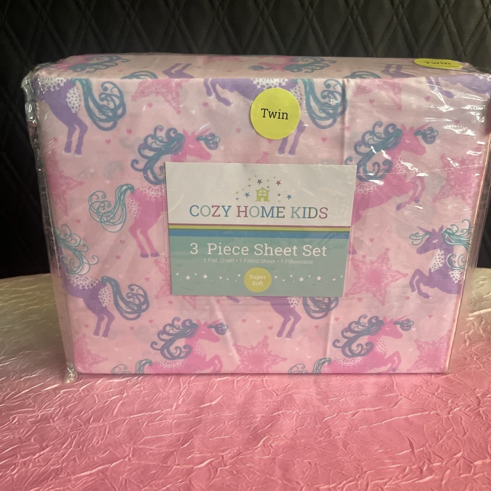 Cozy Home Kids Unicorns And Stars Pink And Purple 3 Piece GirlTwin Sheet Bed Set